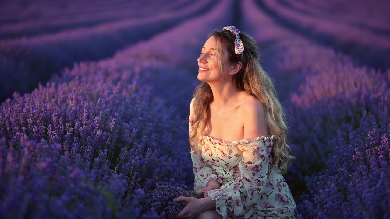 Peaceful woman sitting in lavender rows, touching blossoms with a calm smile