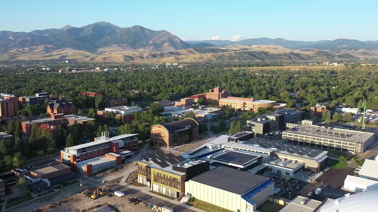 Birdseye View of Montana State University Campus in Bozeman, Montana. Mountain peaks in the distance.