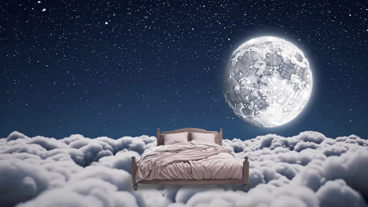 Surreal video concept of a bed floating on clouds under a starry sky with a large moon