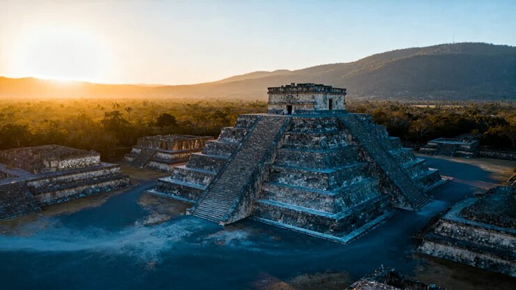 Video verticale: Drone che si avvicina alla piramide, sole che scalda i gradini, foschia che si sposta sulla piazza, rivelando l'archeologia.
