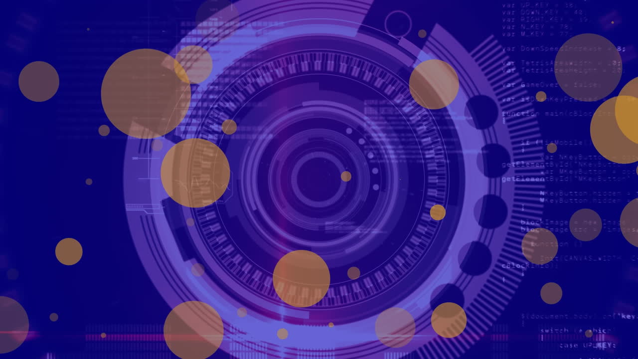 animación de manchas amarillas sobre escáner redondo giratorio y procesamiento de datos contra fondo azul.