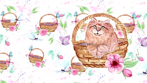 abstract background with hand drawn watercolor cats and flowers. seamless looping 4k footage.