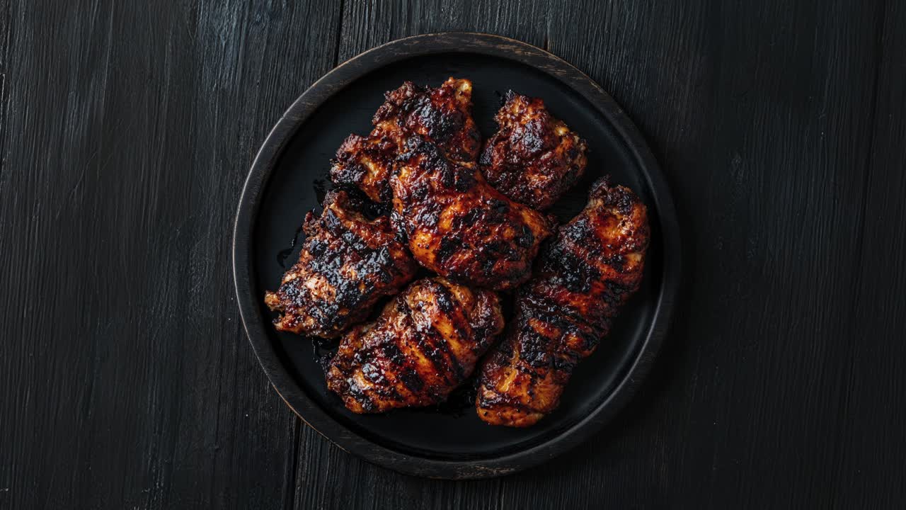 pollo grillado en un plato de madera negra