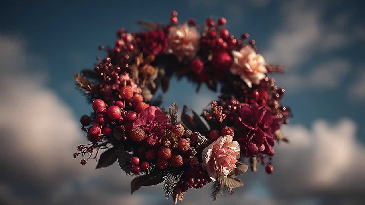A Beautifully Crafted Floral Wreath Adorned with Vibrant Red and Pink Blooms Against a Serene Sky: A Stunning Decorative Piece for Any Occasion