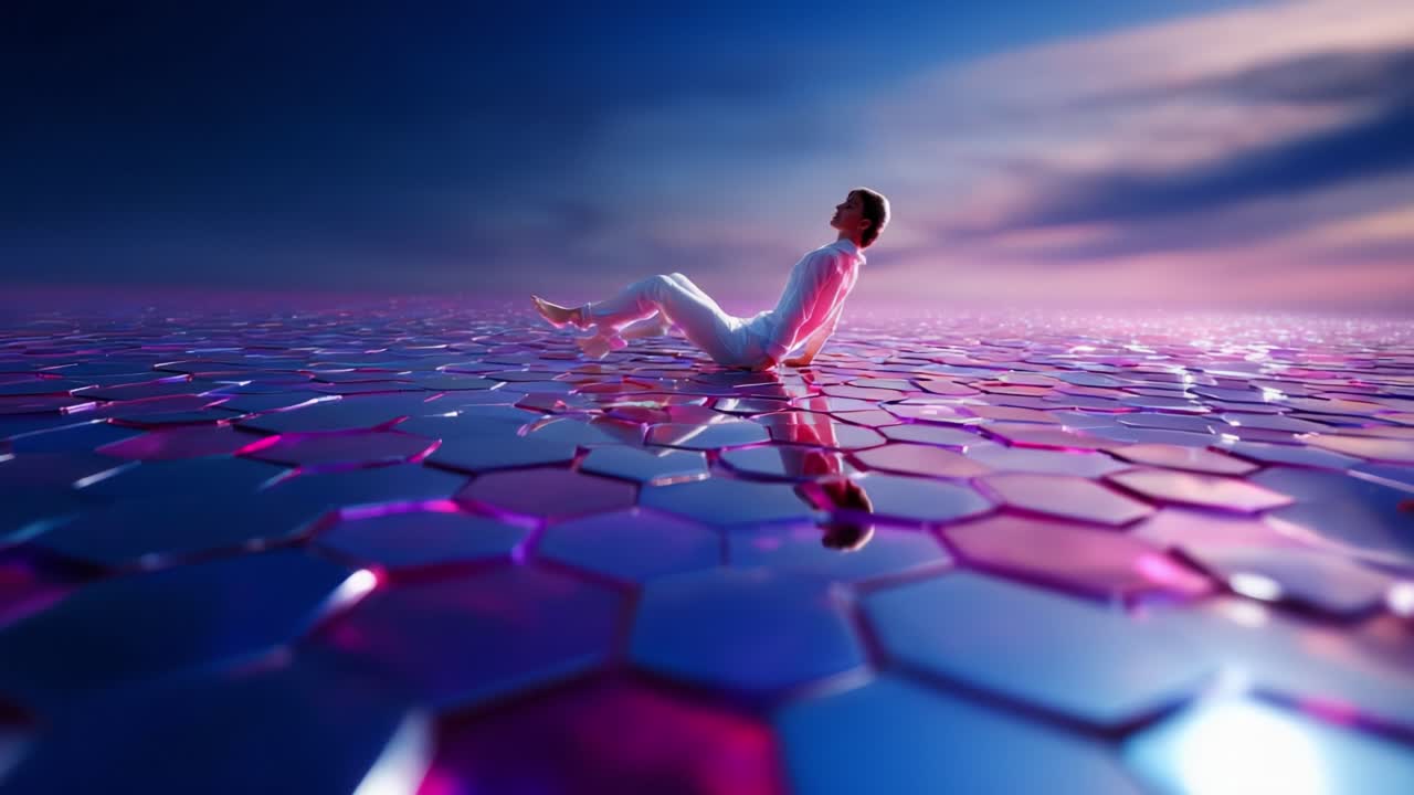 A surreal scene depicting a person in a white outfit gracefully levitating above a reflective hexagonal surface that radiates vibrant colors under an ethereal twilight sky, blending art and imagination