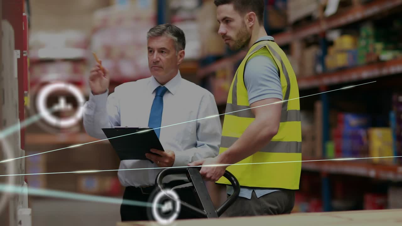 Manager scanning clipboard and pointing, worker at jack in warehouse, network HUD guiding picks