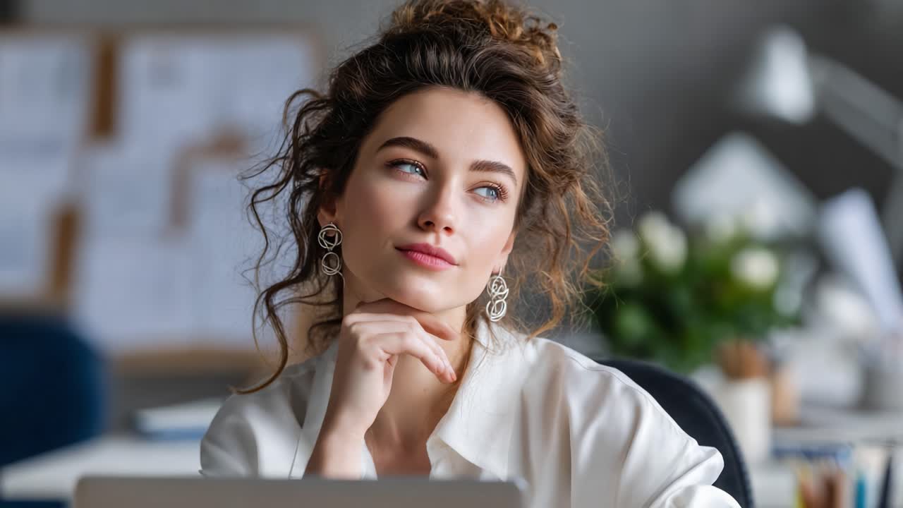 Una giovane donna immersa nei pensieri guarda sognante, appoggiando il mento sulla mano in uno spazio di lavoro moderno, incarnando contemplazione e creatività in un'atmosfera ispiratrice
