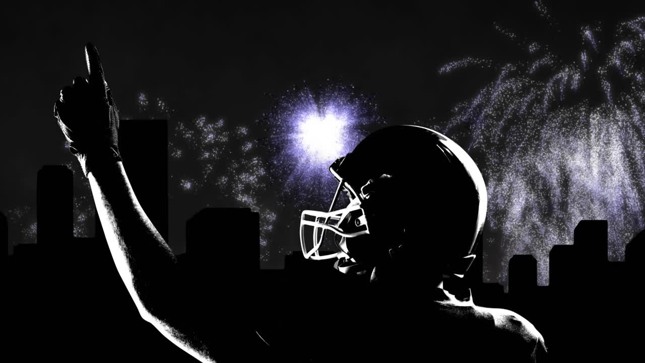 남성 아메리칸  ⁇ 볼 선수가 손가락을 가리키는 도시 풍경과 불꽃놀이의 애니메이션