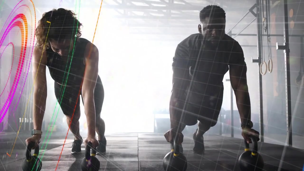 Female, male team gripping kettlebell handles, synced push-ups for fitness, HUD sweeping over frame