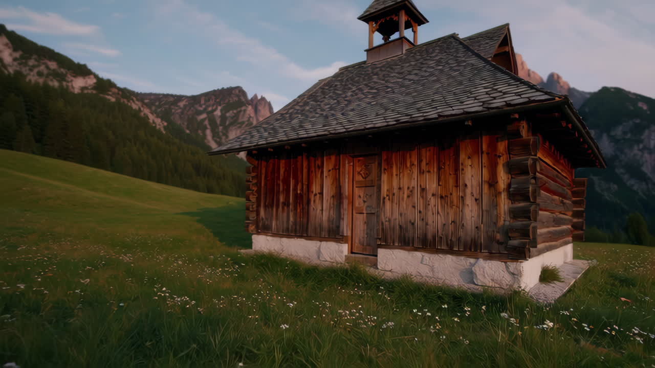 Alpine Chapel in a Mountain Meadow at Sunset