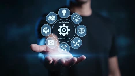 man holding a holographic interface with artificial intelligence automation icons