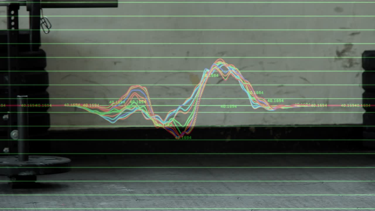 Man entering left gripping dumbbell, performing bicep curls for fitness, waveform rising per rep