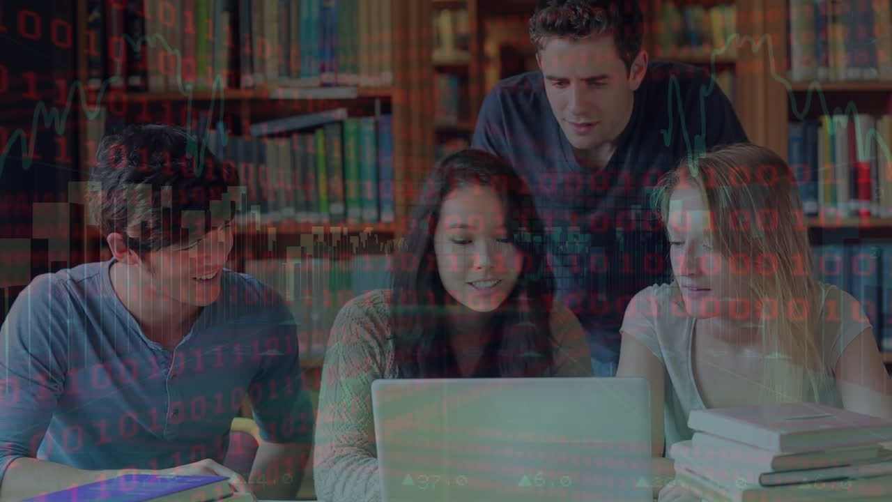 animación del procesamiento de datos sobre diversos estudiantes masculinos y femeninos que estudian juntos en la biblioteca