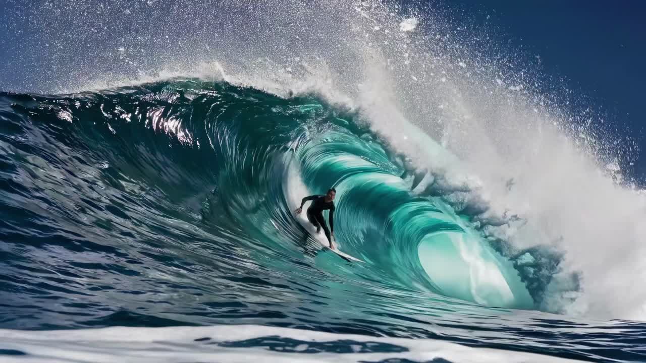 Dynamic video captures a surfer riding a massive wave, shot from a low angle, emphasizing the power