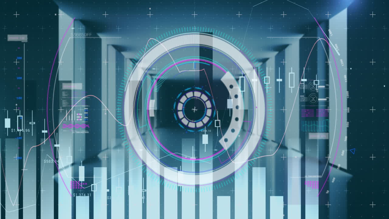animación digital del procesamiento de datos estadísticos a través de un escáner redondo contra una sala de servidores vacía