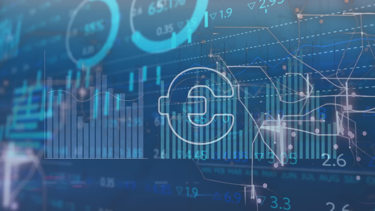 animación del símbolo del euro, el patrón de navegación, varios gráficos y el tablero de negociación sobre fondo azul