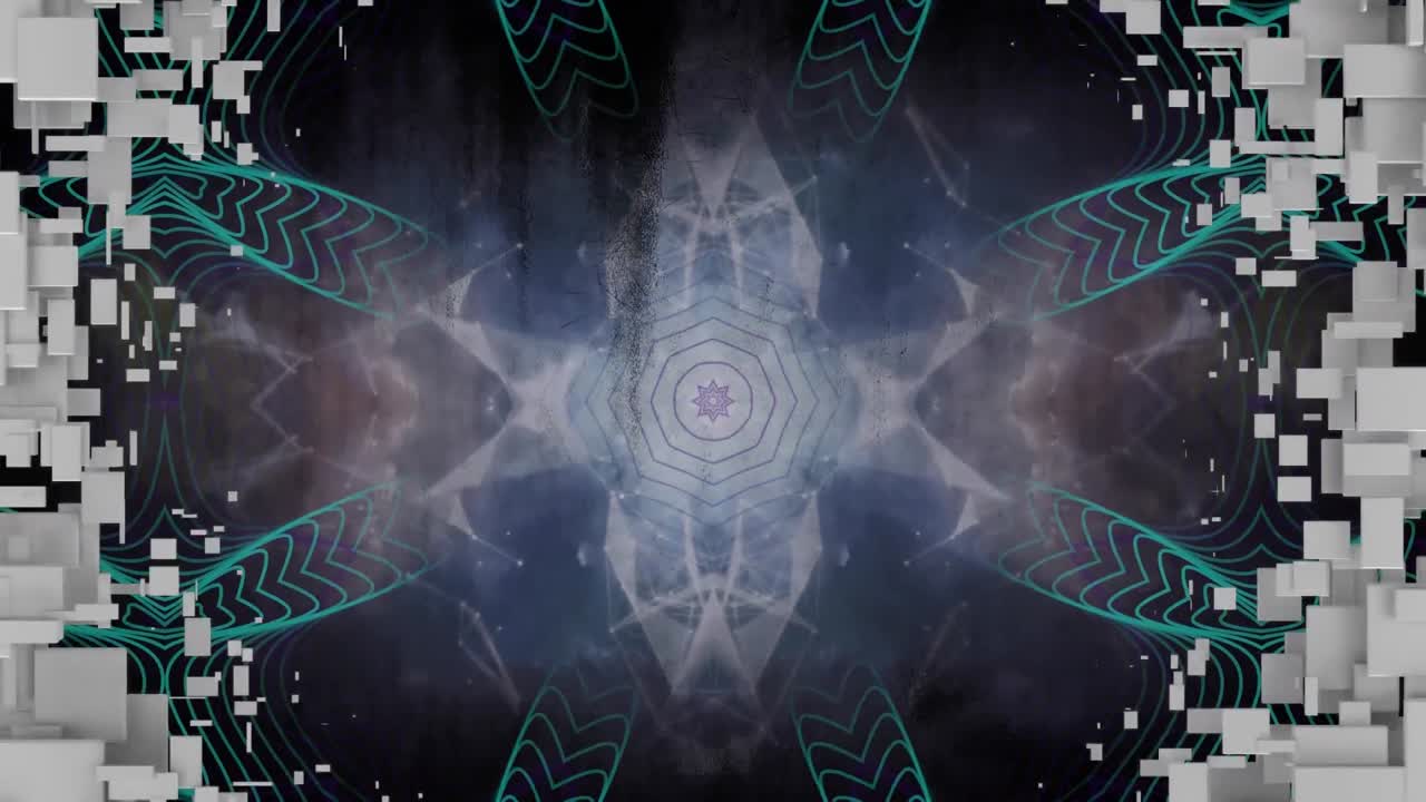 bloques blancos desapareciendo para mostrar formas caleidoscópicas moviéndose hipnóticamente