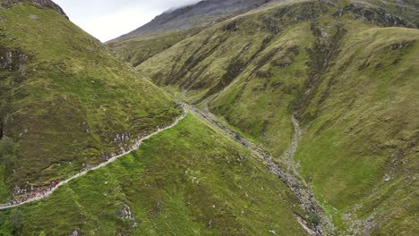 4k drone shot of hiking trail leading up to ben nevis in fort william