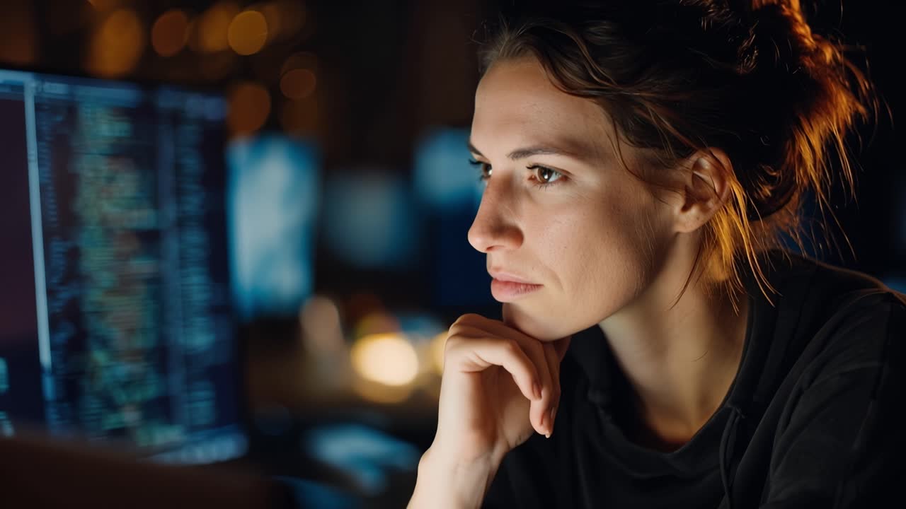 Focused Programmer Analyzing Code in a Dimly Lit Workspace, Deep in Thought, Surrounded by Computer Screens Filled with Data and Code Lines, Captivating Moment