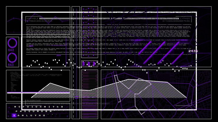 Animation of digital data processing over screen on black background