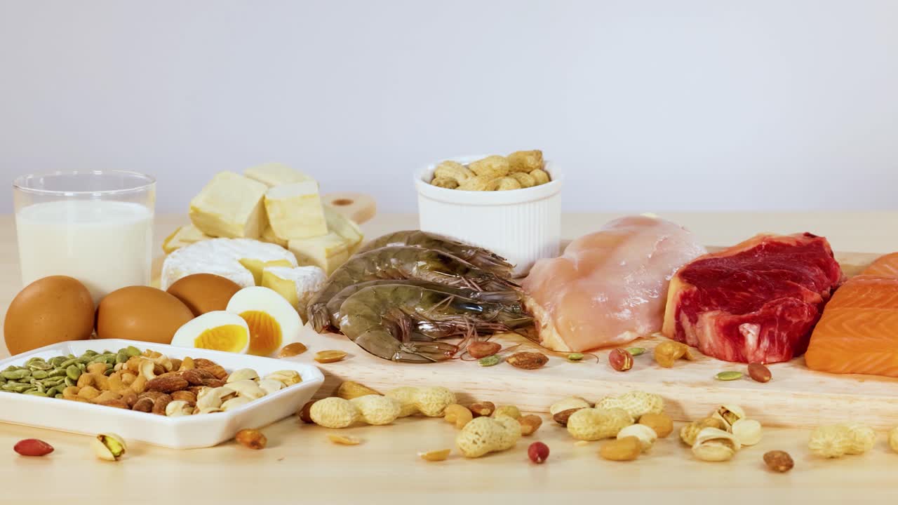 고기, 견과류, 유제품 등 단백질이 풍부한 다양한 음식들이 밝은 조명 속에서 테이블 위에 끔하게 배열되어 있습니다.