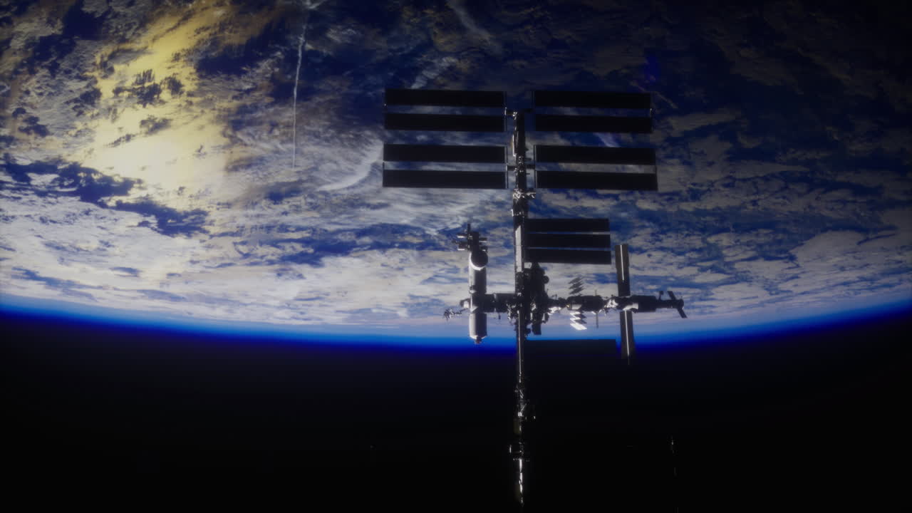 International space station floats above earth during sunlight