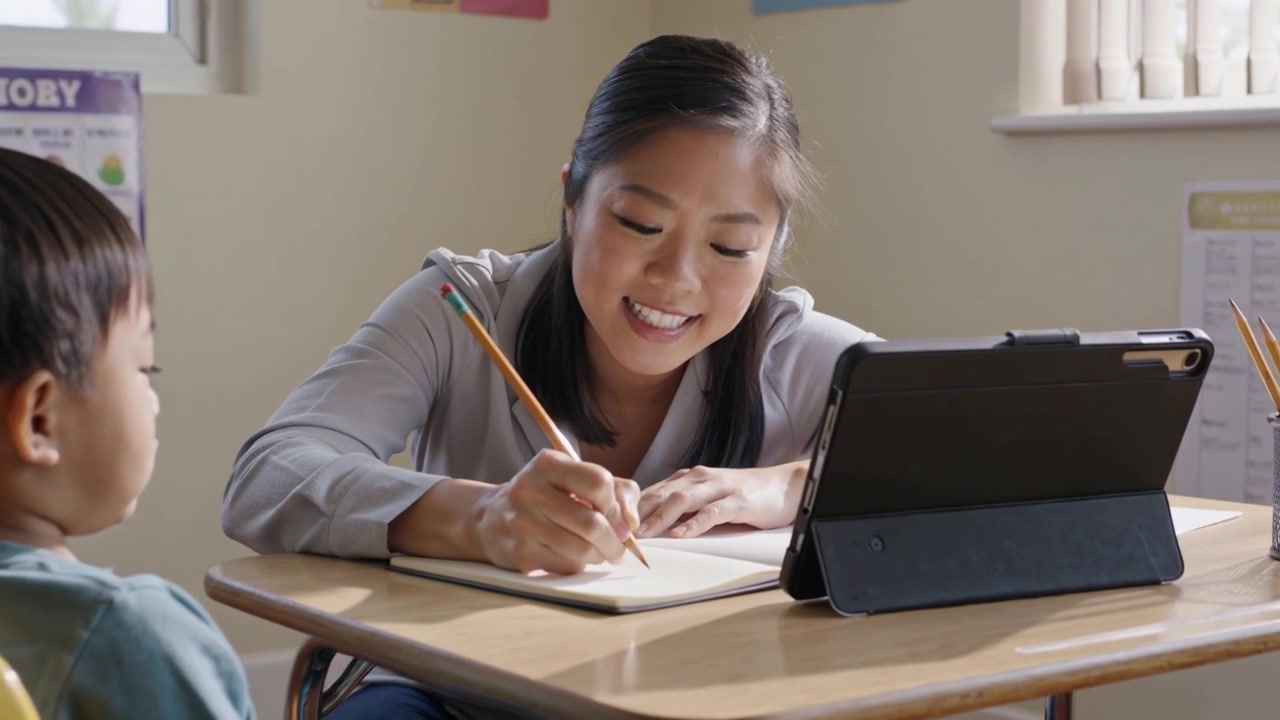 Smiling tutor in gray blouse holding pencil writing notebook checking tablet guiding child in class