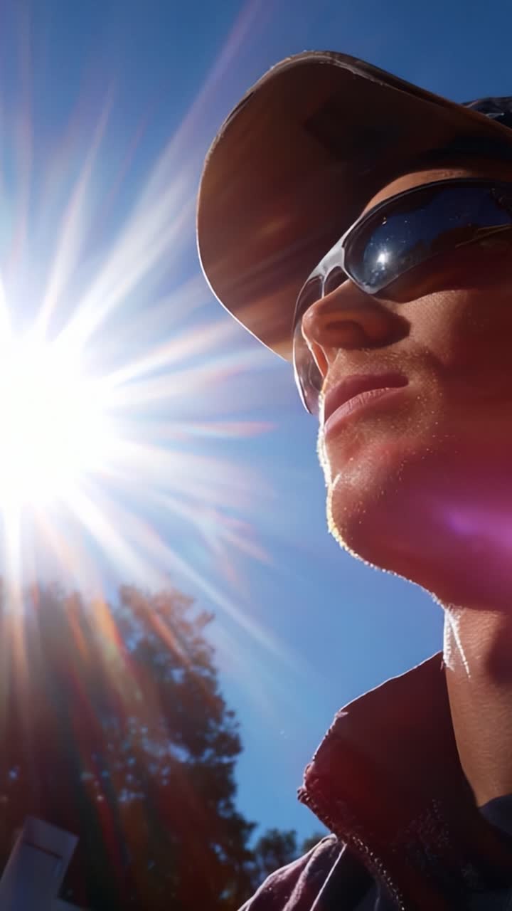 A Sunlit Perspective: Capturing the Essence of a Formidable Gaze Against Radiant Sunlight in a Clear Blue Sky, Highlighting An Unforgettable Moment of Reflection and Inspiration