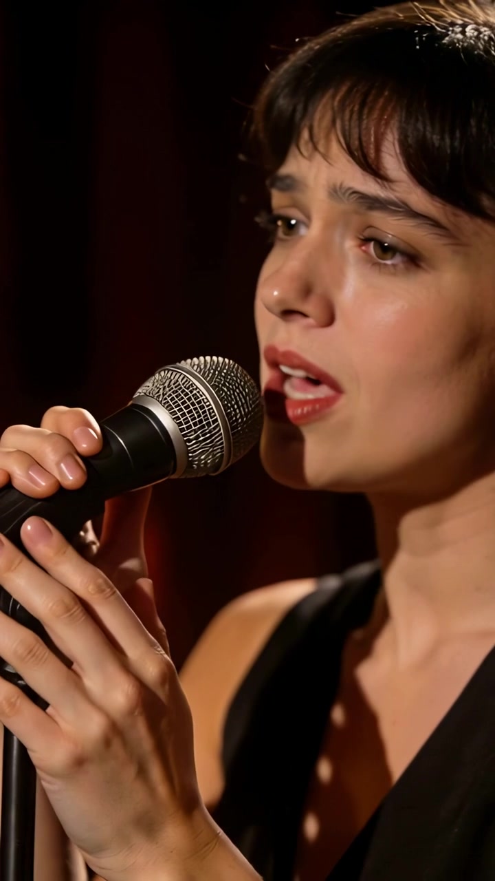 Video verticale: La musica inizia introducendo una cantante in abito nero che canta in un microfono sul palco.