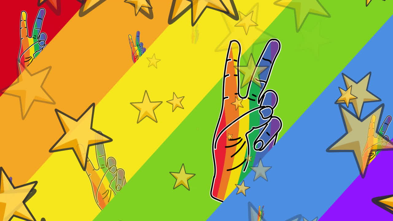 Animazione di stelle su mani arcobaleno con sfondo arcobaleno