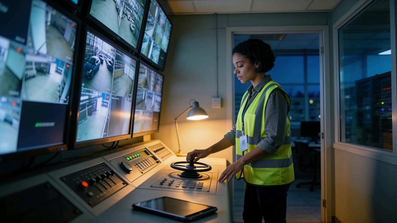 Observing CCTV feeds, operator wearing safety vest adjusting joystick, touching tablet, copy space