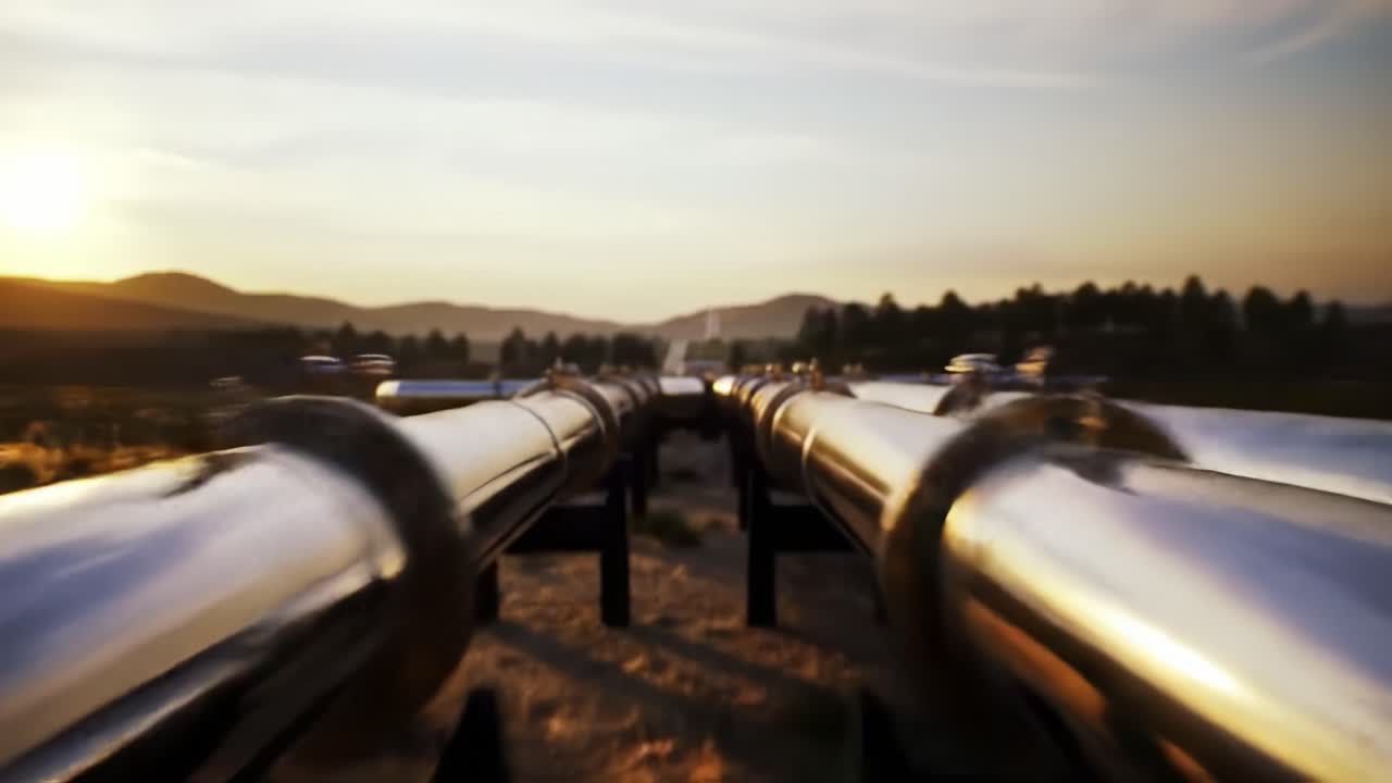 A Stunning View of Piping Infrastructure Against a Golden Sunset, Highlighting the Connection Between Nature and Engineering Innovation
