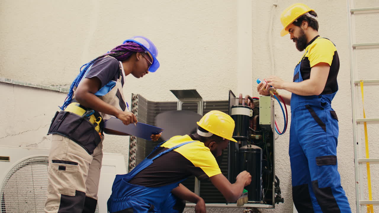 reparadores limpiando el compresor del condensador