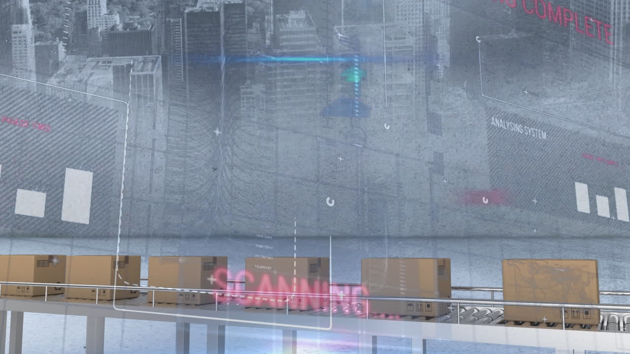 컨베이어 벨트와 도시 풍경에 있는 카드보드 상자 위의 통계 처리의 애니메이션