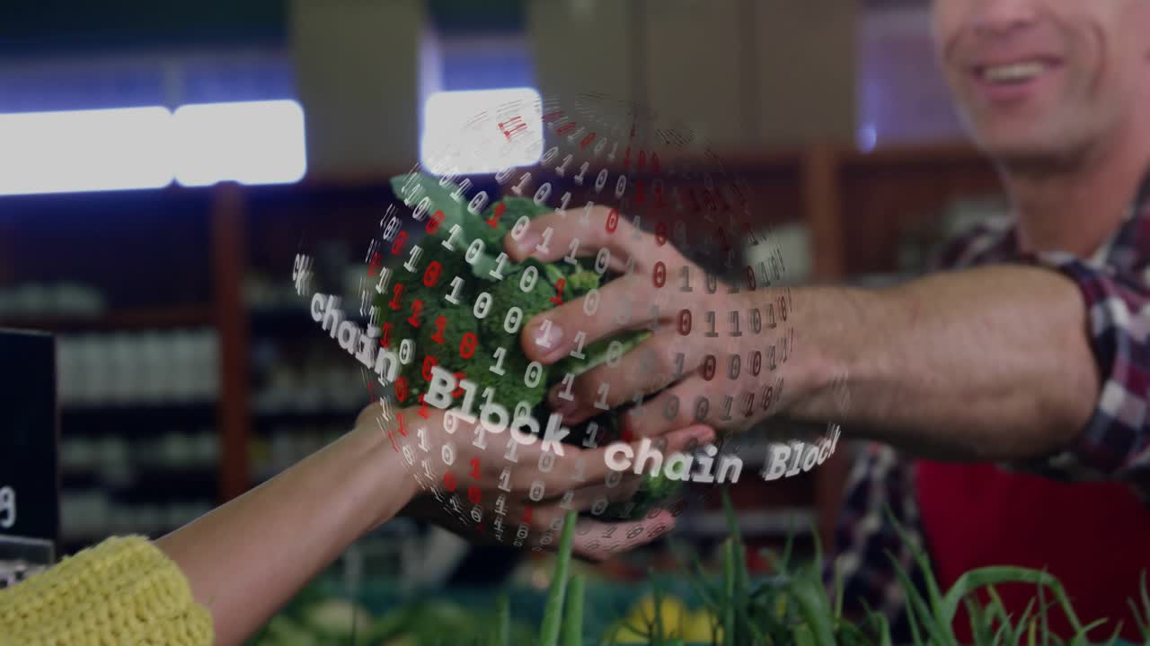 Seller handing broccoli as buyer reaching market, blockchain globe orbiting hands, verifying origin