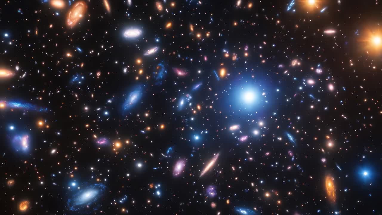A cosmic video scene with a wide-angle view of colorful galaxies and stars, showcasing the vastness