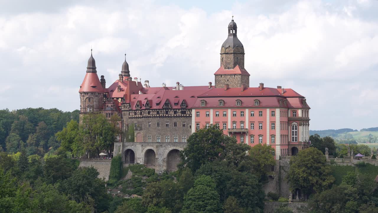Majestic Ksiaz Castle on a hilltop surrounded by forest in Lower Silesia, Poland
