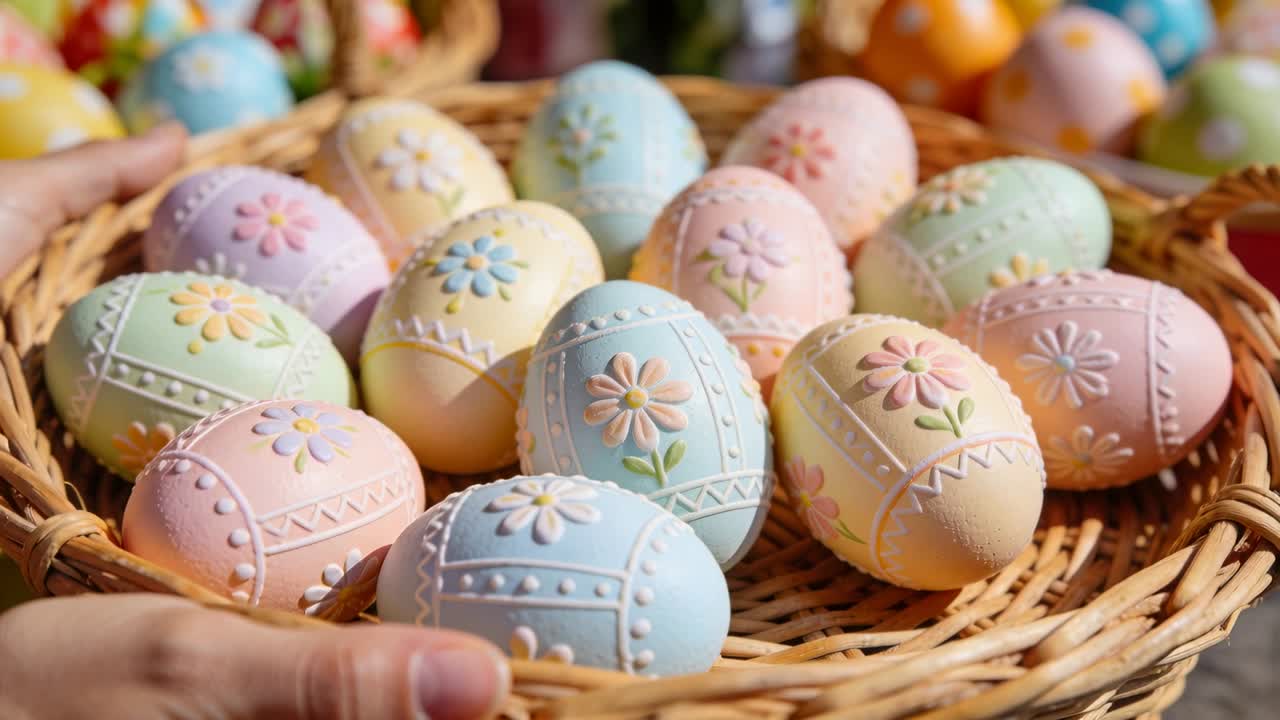Reaching adult hands touching wicker basket rim at sunlit stall, lifting and displaying pastel eggs