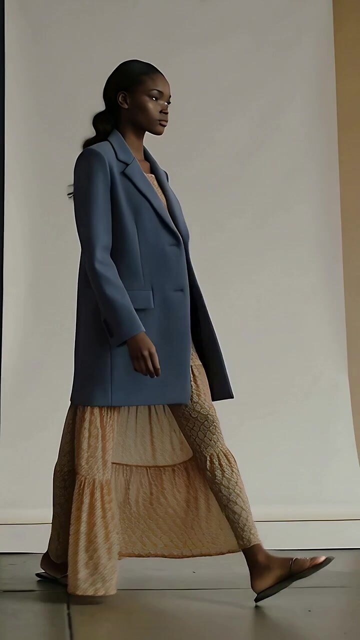 Dikey video: Çekim için stüdyo arka planında yürüyen, palto ve katlı elbise giymiş modelin girişi