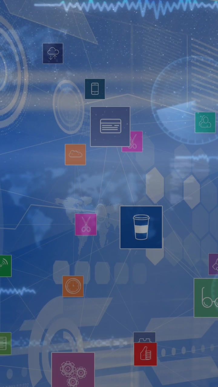 Animation of icons and diverse data on blue digital screen