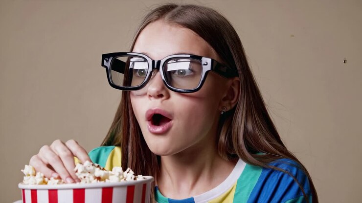 Ragazza che guarda un film con i popcorn