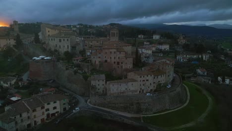 sunset over anghiari in the province of arezzo: aerial view in tuscany, italy