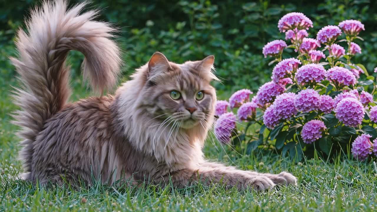 A fluffy cat stretches on grass, facing vibrant pink flowers. Captured from a low angle, the scene