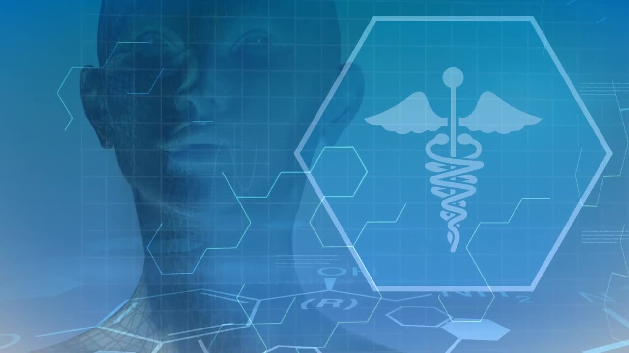 파란색 배경에 사람의 3d 모델과 함께 의료 기호의 애니메이션