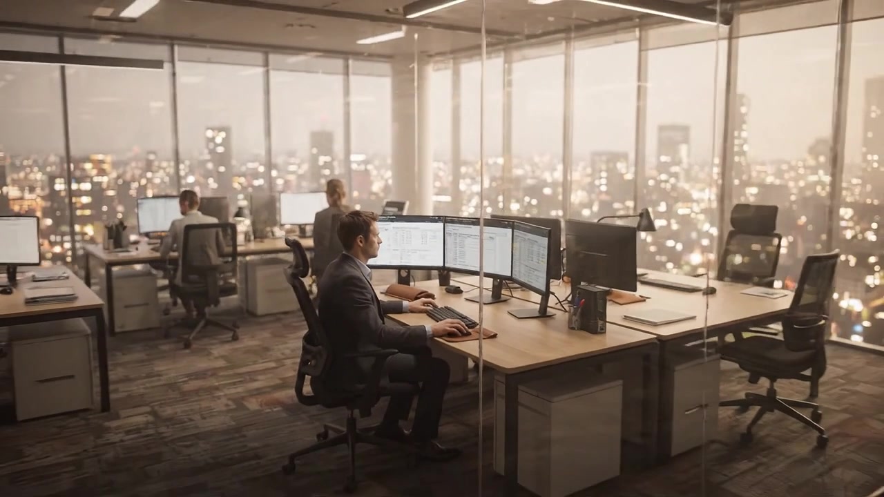 Focused Professional Analyzing Data on Multiple Monitors in a Modern Office Environment with Cityscape View at Dusk, Showcasing Productivity and Technology