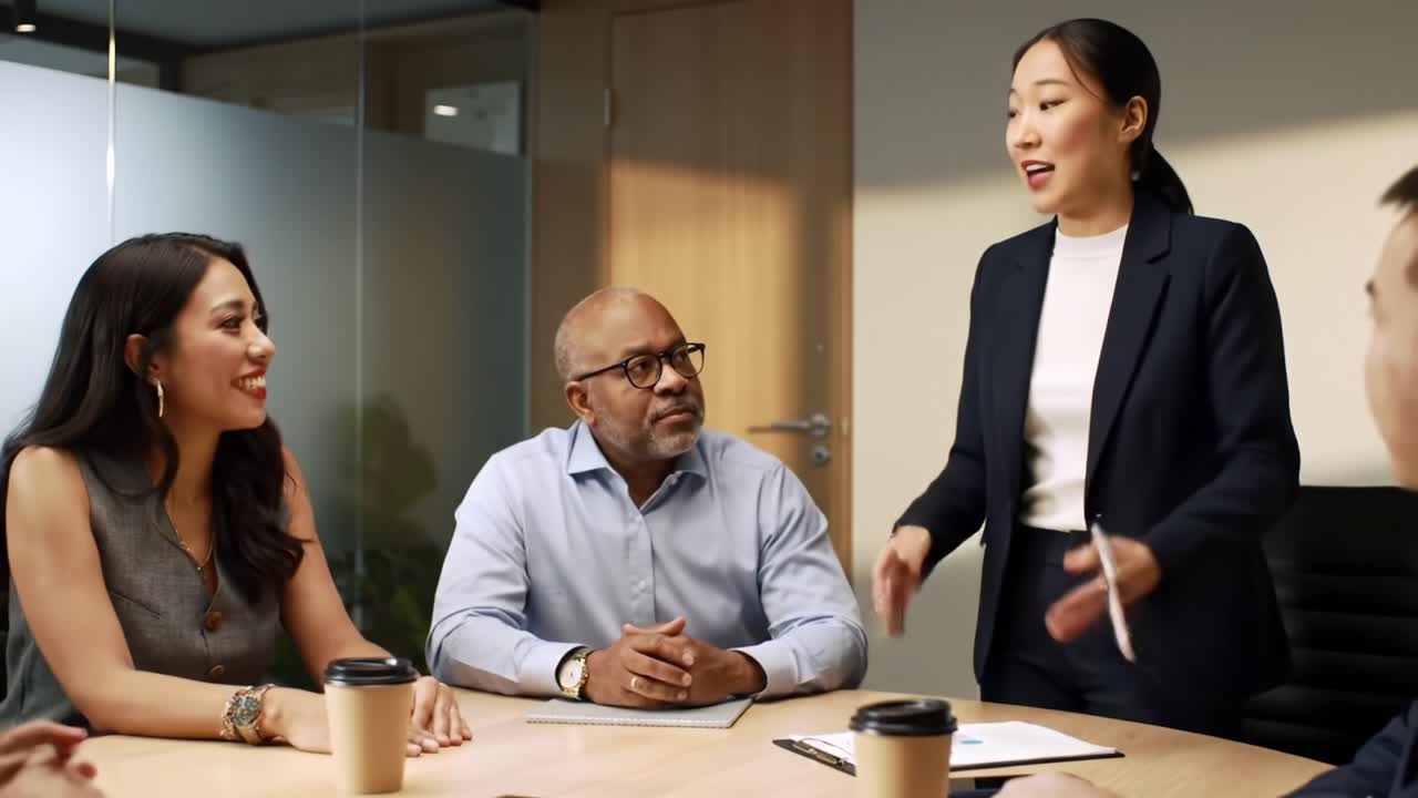 Dynamic Business Meeting: Engaging Discussion Among Colleagues in a Modern Office Environment Showcasing Collaboration and Professionalism