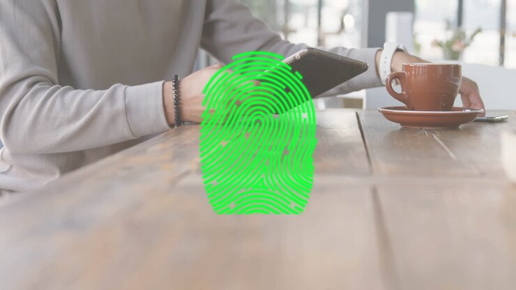 Animation of fingerprint over caucasian woman using smartphone in cafe
