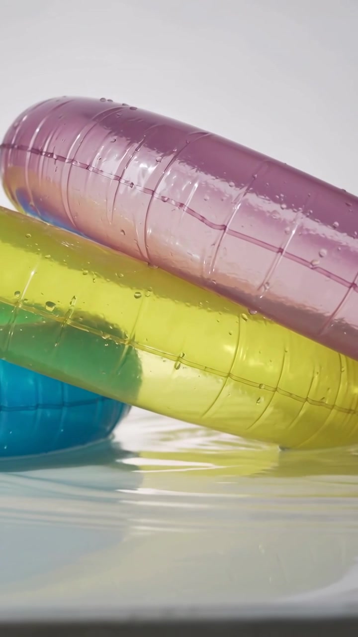 Video verticale: Luce cangiante che fa oscillare tre anelli traslucidi su un tavolo bagnato con goccioline.