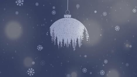 aniamtion of snow falling over fir trees in christmas baubles