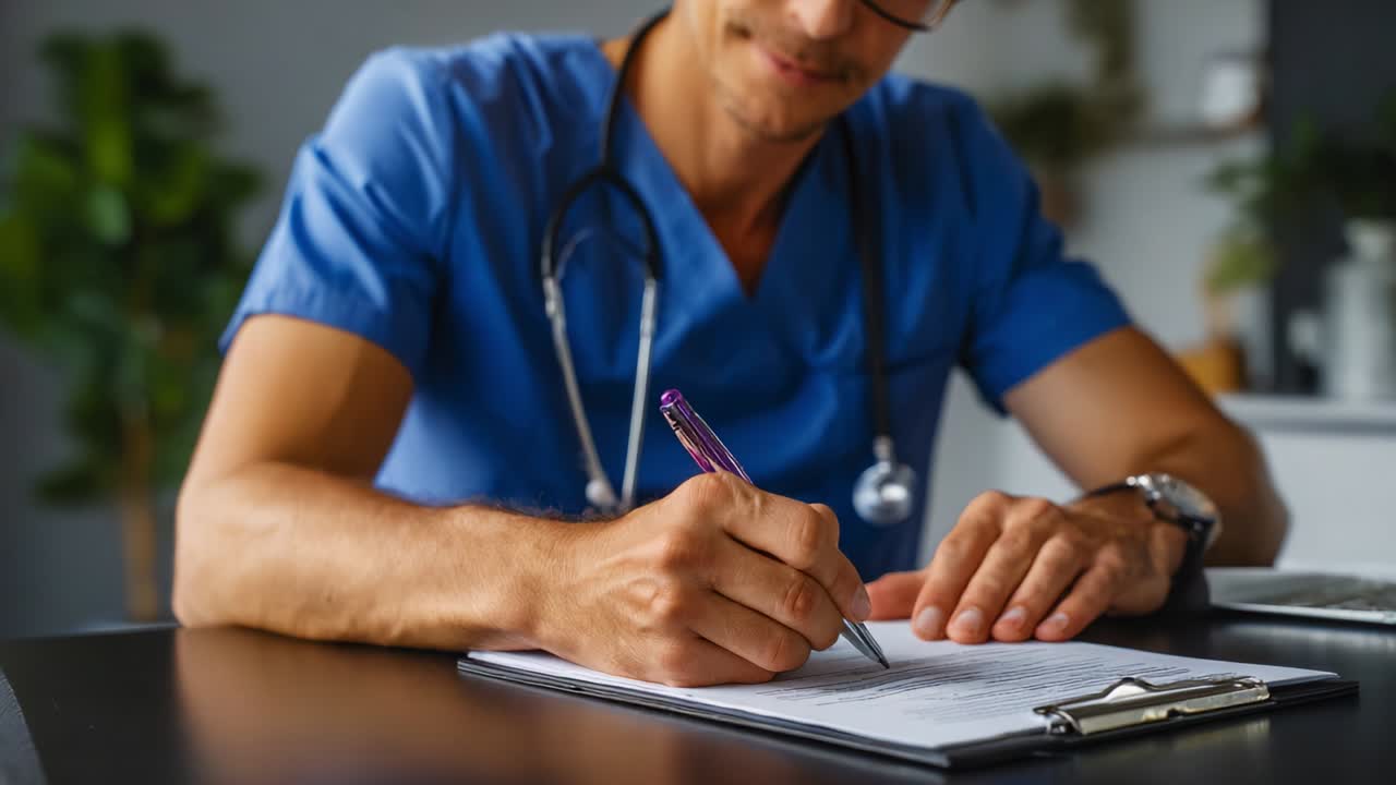 A focused medical professional in scrubs diligently writing notes on a clipboard, showcasing the importance of documentation and patient care in the healthcare sector, highlighting attention to detail and professionalism